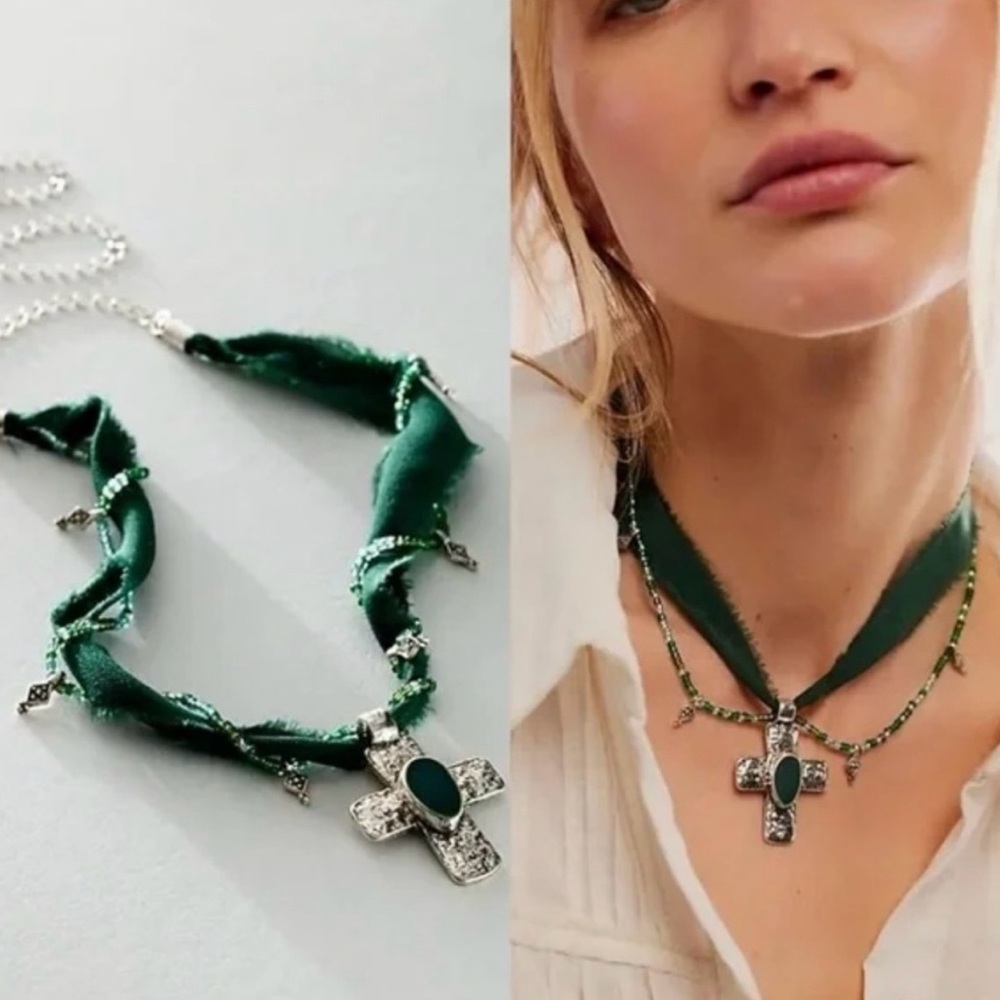 Free People Green and Silver Cross Pendant Necklace NWT